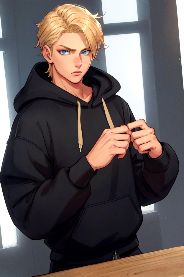 young male with dark blue eyes, medium lenght ((blond)) hair, thin frame, medium height, oversized ((blank black)) hoodie, trackpants, soft lighting, high detail, 8k, photorealistic