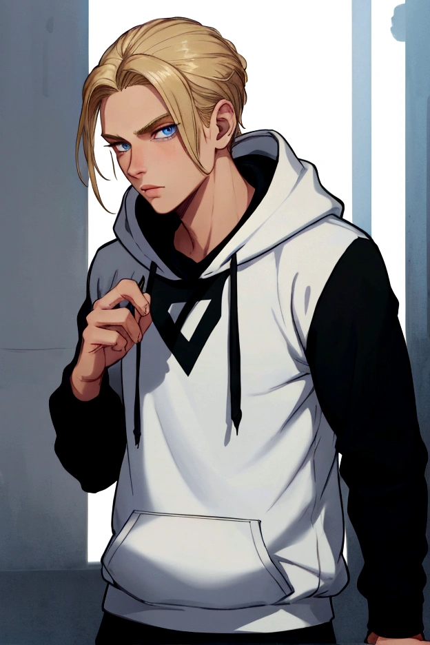 young male with dark blue eyes, medium lenght ((blond)) hair, thin frame, medium height, oversized ((blank black)) hoodie, trackpants, soft lighting, high detail, 8k, photorealistic