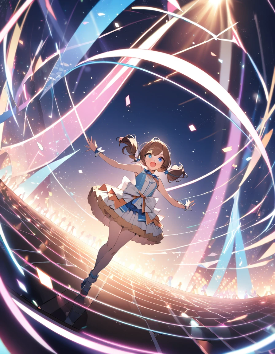BREAK Perfect Anatomy、(High resolution:1.2)、Incredible illustrations、(Cute illustrations:1.2)、()(cinematic angle,very wide shot,dynamic angle,)
(Beautiful background(premium stage) single focus,multiple girls)
1girl(brown hair,Low long twin tails (blue eyes,faint lips,fang,;D)idol costume)
sing and dance:1.4