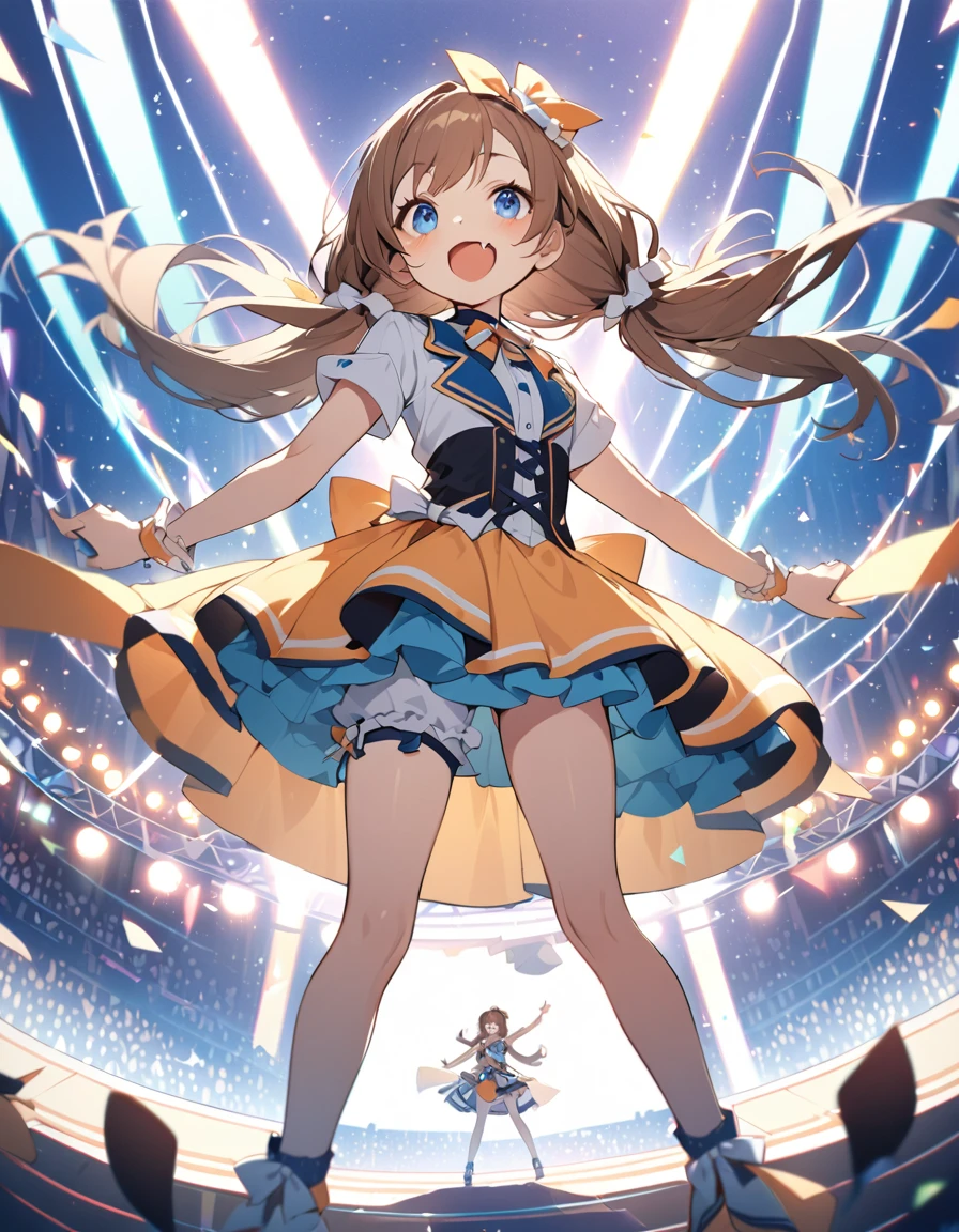 BREAK Perfect Anatomy、(High resolution:1.2)、Incredible illustrations、(Cute illustrations:1.2)、()(cinematic angle,very wide shot,dynamic angle,)
(Beautiful background(premium stage) single focus,multiple girls)
1girl(brown hair,Low long twin tails (blue eyes,faint lips,fang,;D)idol costume)
sing and dance:1.4