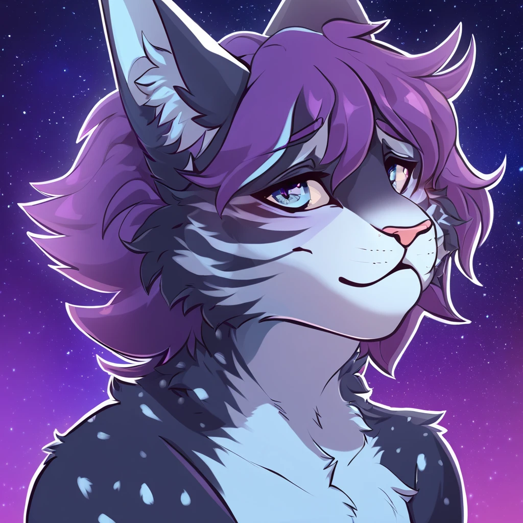 adult, feline, mammal, anthro, anthromorphic, cat, striped, fur, furred_anthro, femboy, male, dark_blue, ear_tufts, paws, hair_tuft, hair_between_eyes, long_tail, fluffy, expressive_eyes, purple_hair, light, galaxy_fur, looking_at_viewer, light_blue_chest, shy, small_pupils, spotted_pattern, stripes, digital_art, high_resolution, high_res, background shy, head_visible, neck_visible, profile_picture, seductive_face