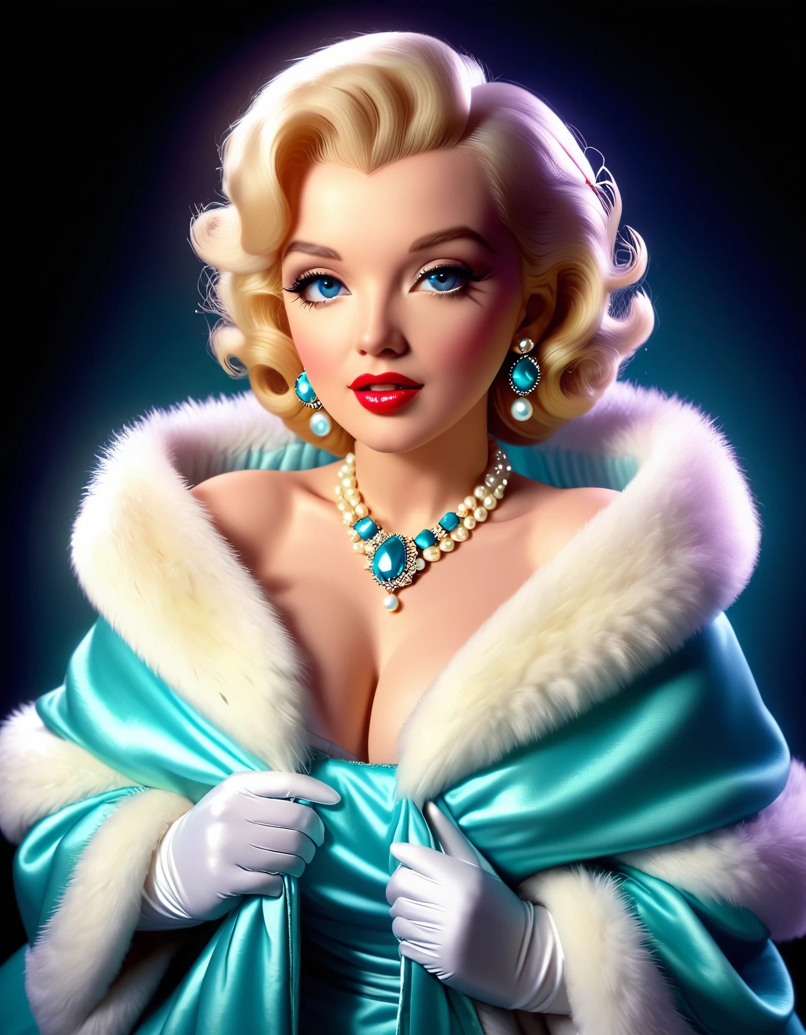 A photorealistic rendering of Marilyn Monroe in a glamorous pose, wearing a fur stole and pearl necklace, exuding classic Hollywood elegance. Hyper-realistic, vibrant colors, 16k