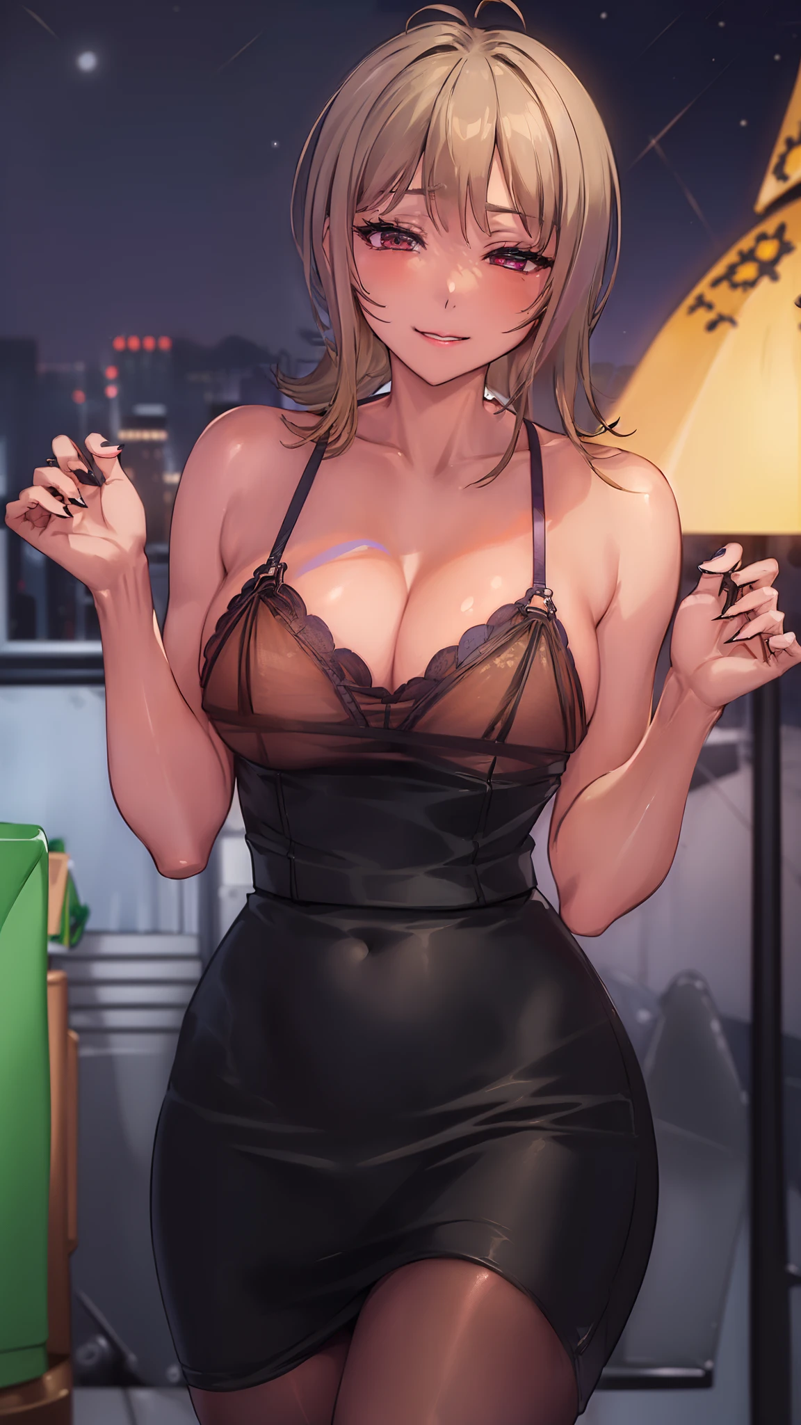 masterpiece, masterpiece, Highest quality, anime, Highly detailed face, Highly detailed eyes, Highly detailed background, Perfect lighting, whole body, 1 Girl, alone, Collared shirt, Green Sweater, Black Skirt, pantyhose,Photo ID card, Embarrassing:1.5,sexy smile, Are standing, office 、Take off、Big cleavage、 (night:1.8, 深nightの灯りが消えたOffice:1.8)