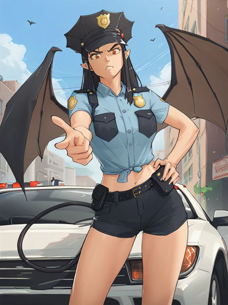 score_5_up, score_6_up, score_7_up,  score_8_up,  score_9_up,
1girl, solo, mgqeva, standing, hand on hip, pointing at viewer, wearing (police uniform, shorts, cop hat),  demon wings, demon tail, outdoors, traffic, cars, angry