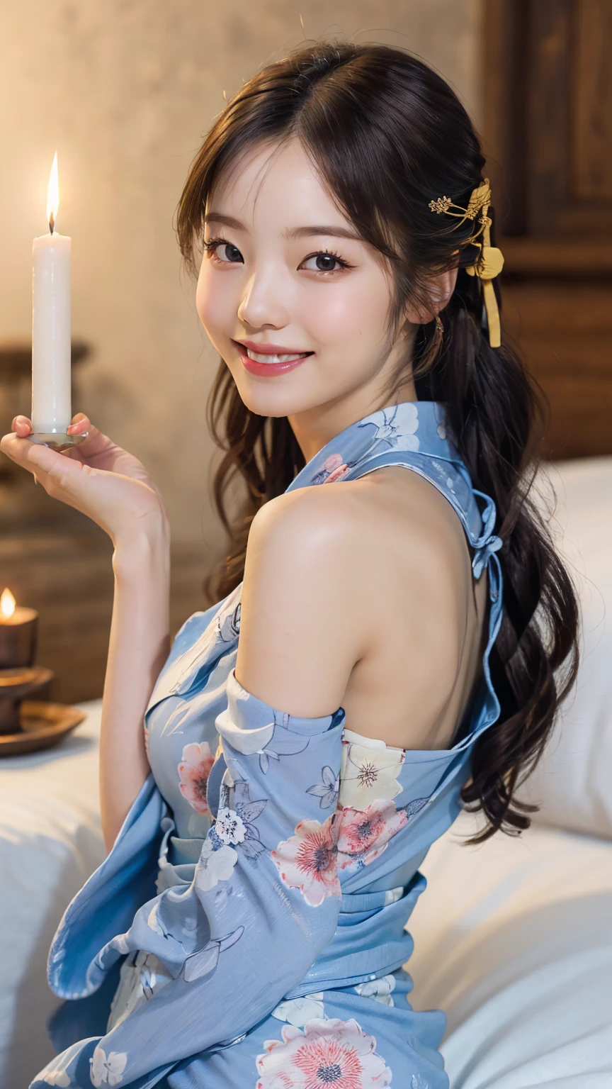 (One girl), Very cute face, Great face and eyes, (Highly detailed eyes, Highly detailed face), Fresh, Very beautiful appearance, (超Realisticな, High resolution), (Highest quality:1.4), RAW Photos, (Realistic, Photorealistic:1.37), Professional photography, (Floral Yukata:1.25), (Surprisingly large:1.1), (Open yukata), (Bare shoulders), Smile a little, (Look at me), Bedroom, Flower Screen, relax, (Bedroomは真っ暗だ:1.6), (The brightness of one candle:1.5), Focus on the girl,