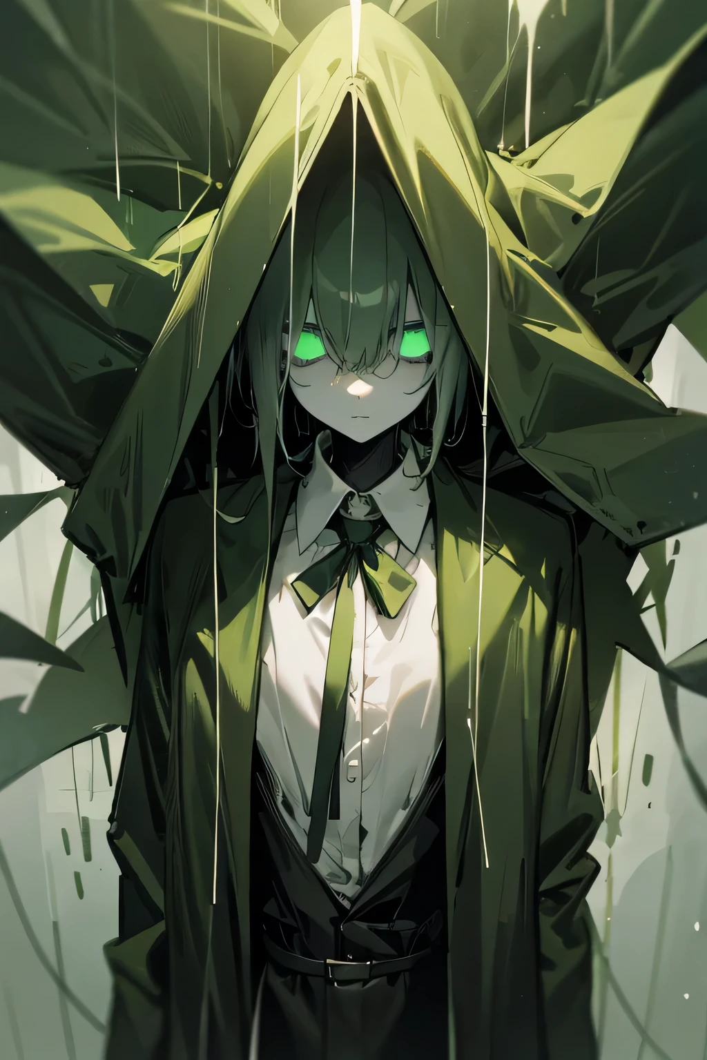 Tall slender man, hair dark green, walks in a dark green raincoat or jacket,