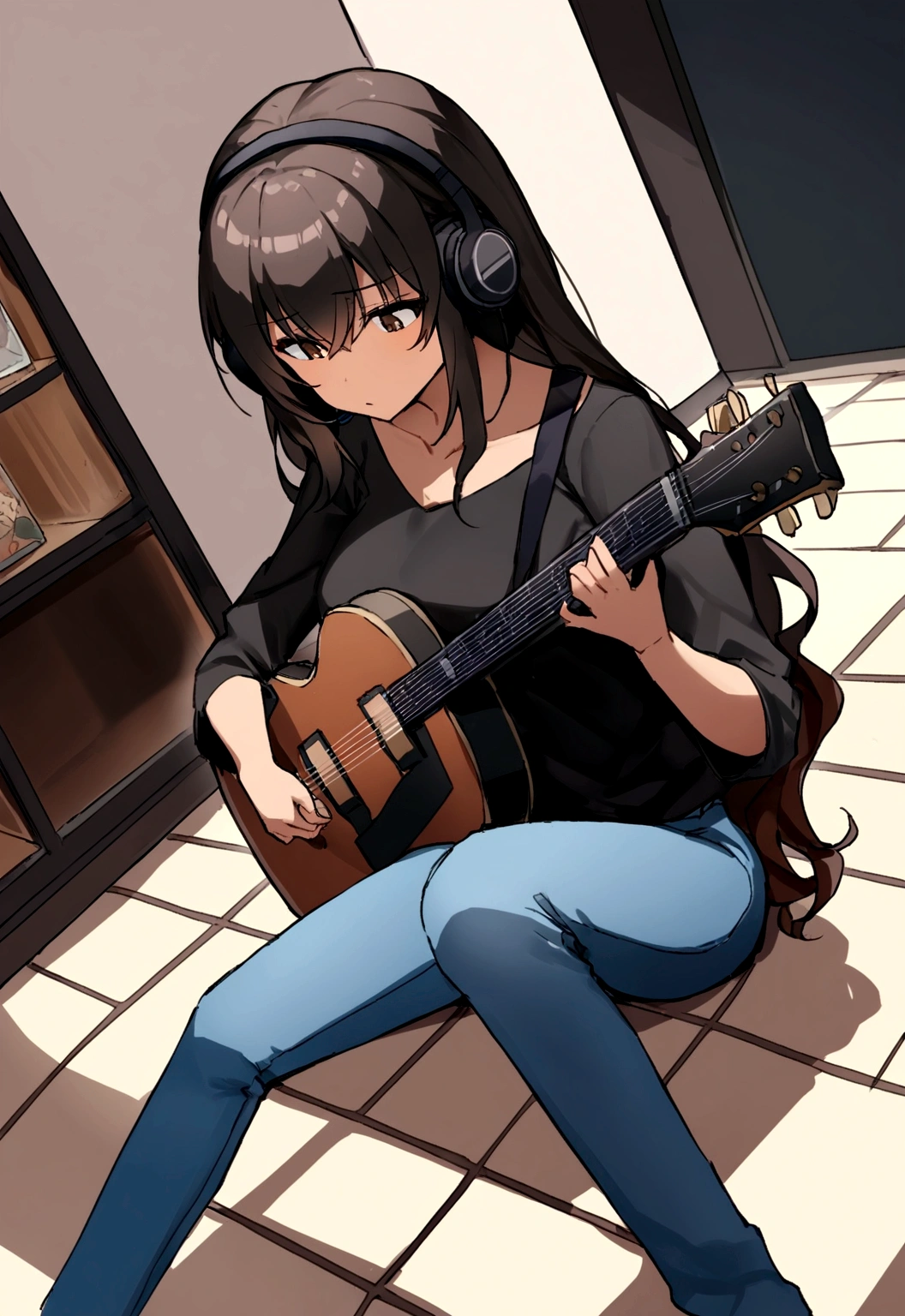 (work of art, maximum quality) 1 girl, musical instrument shop, alone , black blouse , brown dark eyes , holding a giaannini guitar ,black headphones, sit down, containment, guitar pick, instrument, long hair, music , jeans, hinterland , com objetos de アニメs, dynamic angle , not a room , Bblack hair , アニメ , brown skin, wavy hair
