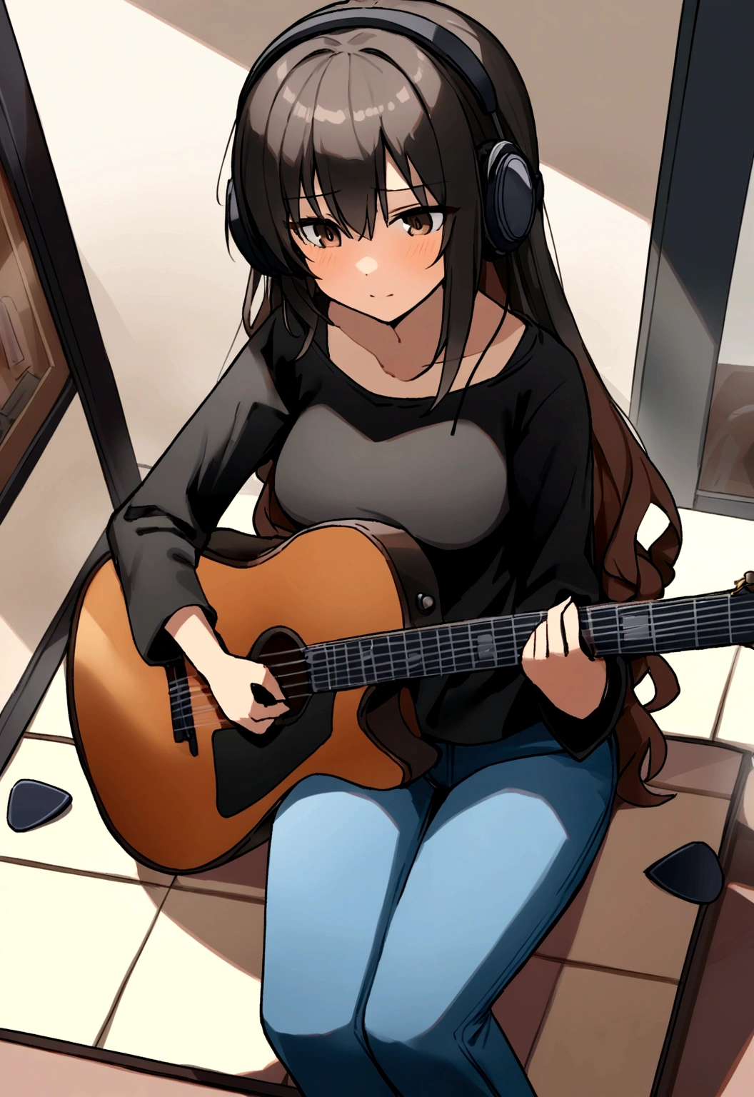 (work of art, maximum quality) 1 girl, musical instrument shop, alone , black blouse , brown dark eyes , holding a giaannini guitar ,black headphones, sit down, containment, guitar pick, instrument, long hair, music , jeans, hinterland , com objetos de アニメs, dynamic angle , not a room , Bblack hair , アニメ , brown skin, wavy hair