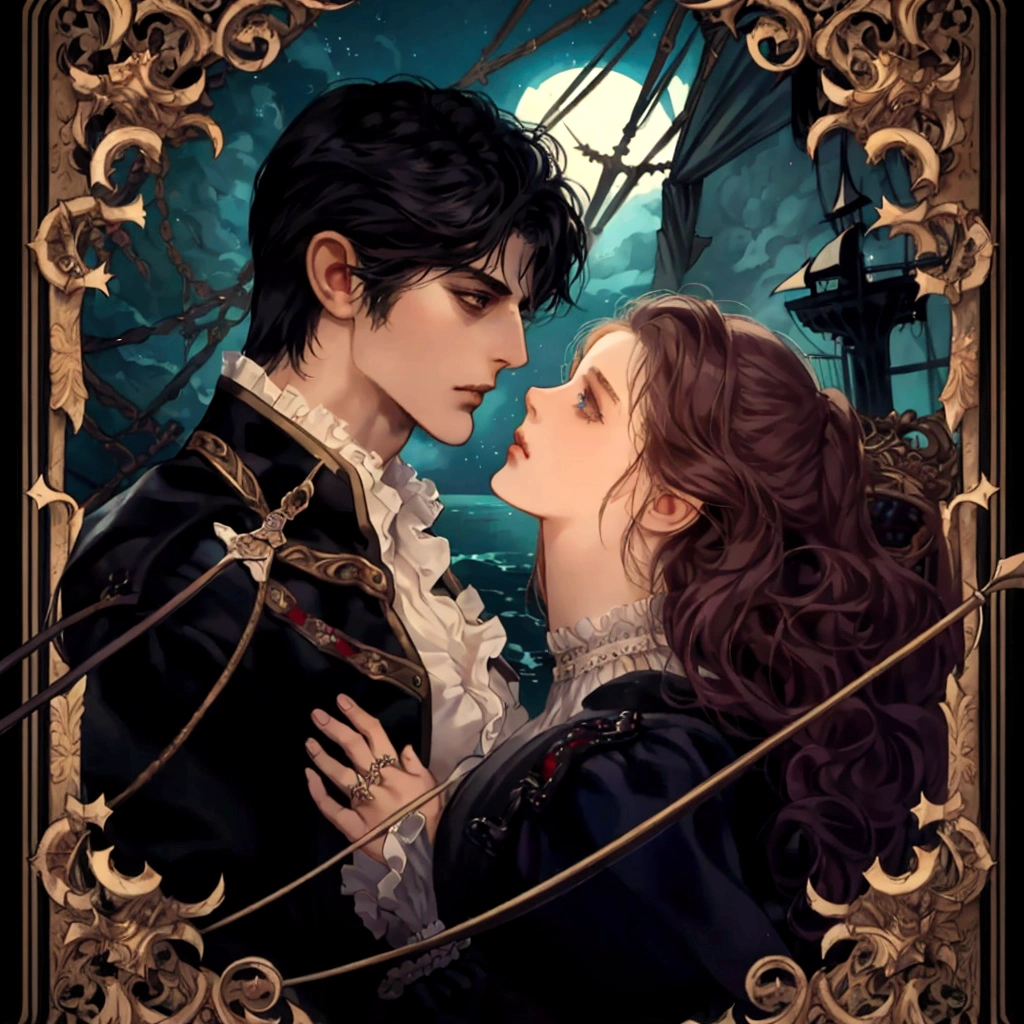 a painting of a man and a woman dressed as pirates, romance novel cover, Edmund Blair e Charlie Bowater, fantasy victorian art, braggart and romantic, Romanticism art style, Gothic romance, charlie bowater and artgeem, no art style by bowater, style of charlie bowater, romantic era painting, romance book cover style
