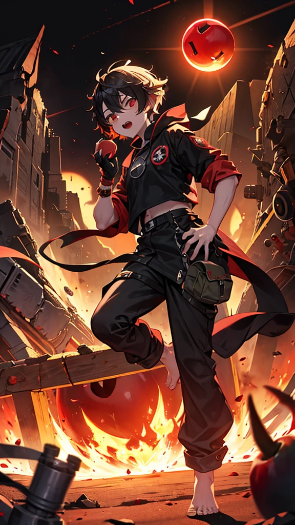 Young man, , black eyes, long hair, wavy hair, black hair, black techwear, protective clothing, cool, explosions in background, backpack, black gloves