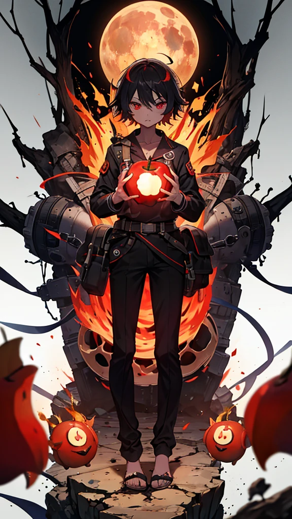 A scary monster apple in the shape of a bomb accompanied by hands and feet with a background of nuclear explosions in a laboratory
