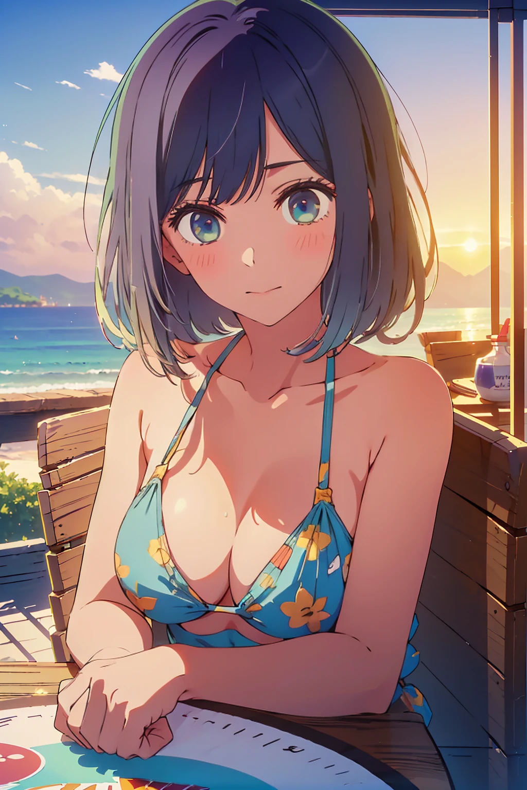 (Highest quality:1.4、masterpiece:1.4、Super detailed:1.4、8K:1.4)、Slim body、((((1 person、Surprised expression、sit、Outdoor café terrace、coastal、juice、table、Sandy Beach、bikini、juiceのグラスを持つ、Big eyes、Shallow depth of field、Very cute face))))、(((sunset、Sunset)))、(((bikiniサイズは小さい)))、((Areola protrudes))、F cup bust、Big Breasts、Get up close and take a photo