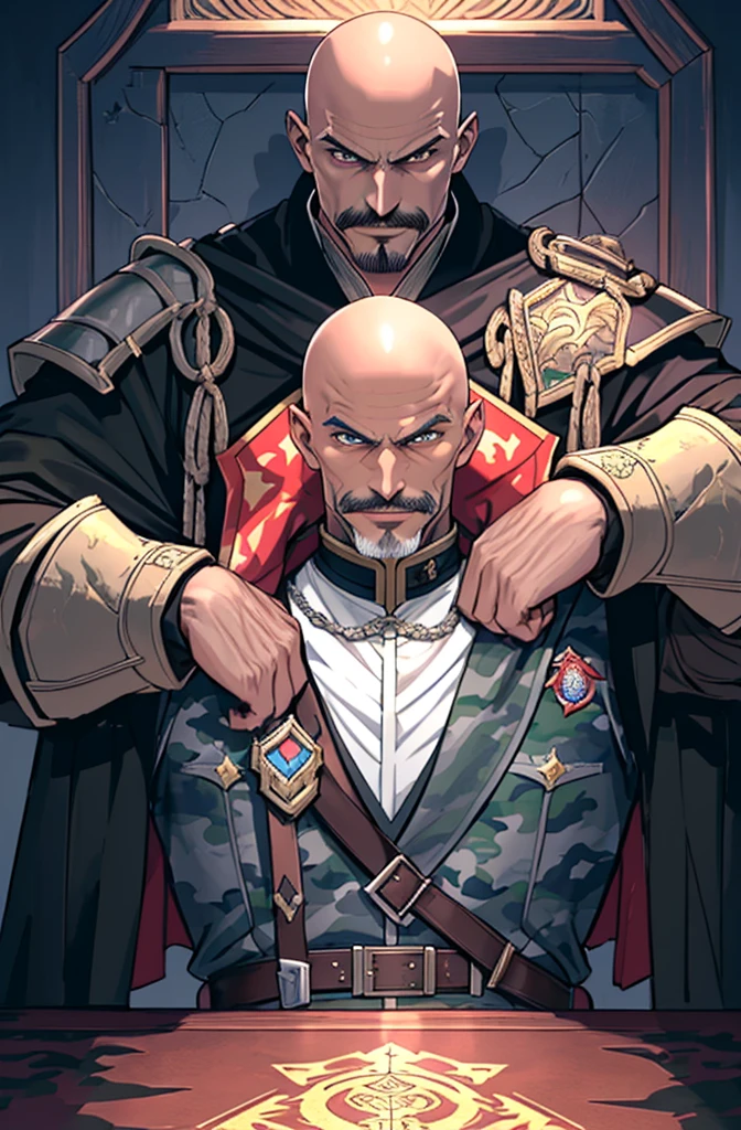 masutepiece, Best Quality, realistic, Highly detailed, epic exquisite character art, A Man, (((Solo))), (muscular guy, Middle Age, 50 years old, Realistic, Juncao, , Bald, shaved hair, Black short mustache), (Paladin Knight of Arab aesthetics, Wearing a military uniform with a camouflage pattern, Patterned fabrics and capes, With the coat of arms of a heron), shadowverse style,Castlevania: Lord of Shadows,Evil Bald Muscular Warrior,Upper body,Evil smile,Camouflage military uniform,old man,furious evil smile,