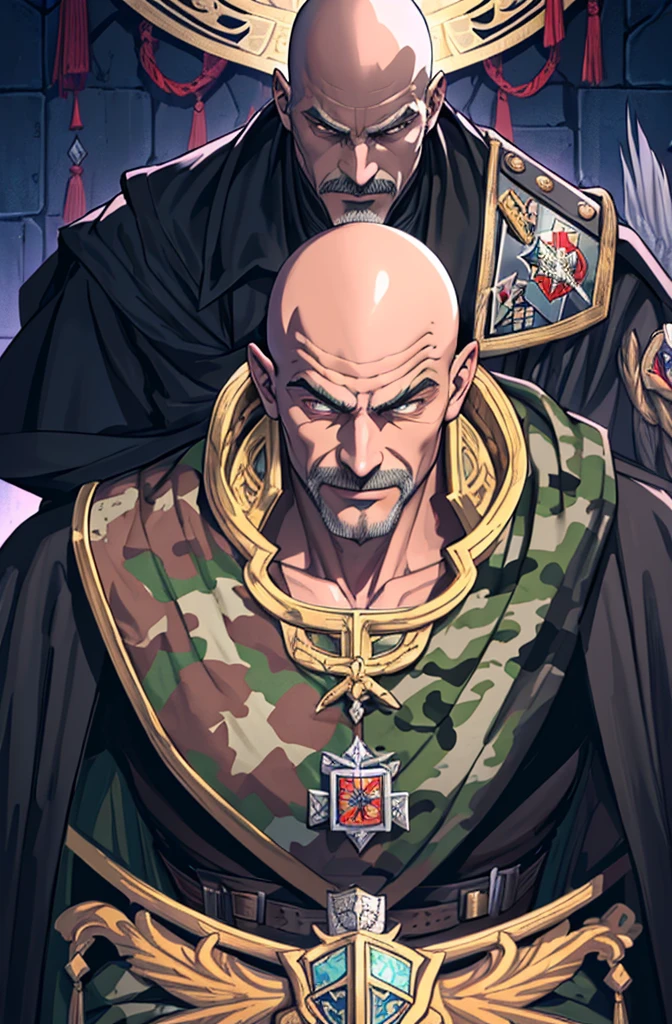 masutepiece, Best Quality, realistic, Highly detailed, epic exquisite character art, A Man, (((Solo))), (muscular guy, Middle Age, 50 years old, Realistic, Juncao, , Bald, shaved hair, Black short mustache), (Paladin Knight of Arab aesthetics, Wearing a military uniform with a camouflage pattern, Patterned fabrics and capes, With the coat of arms of a heron), shadowverse style,Castlevania: Lord of Shadows,Evil Bald Muscular Warrior,Upper body,Evil smile,Camouflage military uniform,old man,furious evil smile,