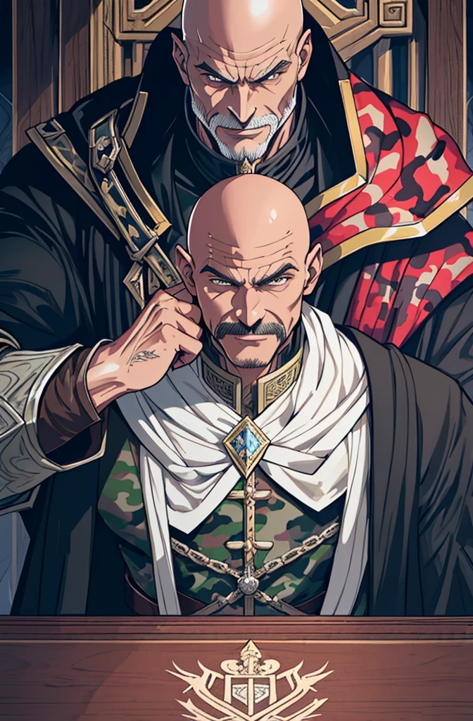 masutepiece, Best Quality, realistic, Highly detailed, epic exquisite character art, A Man, (((Solo))), (muscular guy, Middle Age, 50 years old, Realistic, Juncao, , Bald, shaved hair, Black short mustache), (Paladin Knight of Arab aesthetics, Wearing a military uniform with a camouflage pattern, Patterned fabrics and capes, With the coat of arms of a heron), shadowverse style,Castlevania: Lord of Shadows,Evil Bald Muscular Warrior,Upper body,Evil smile,Camouflage military uniform,old man,furious evil smile,