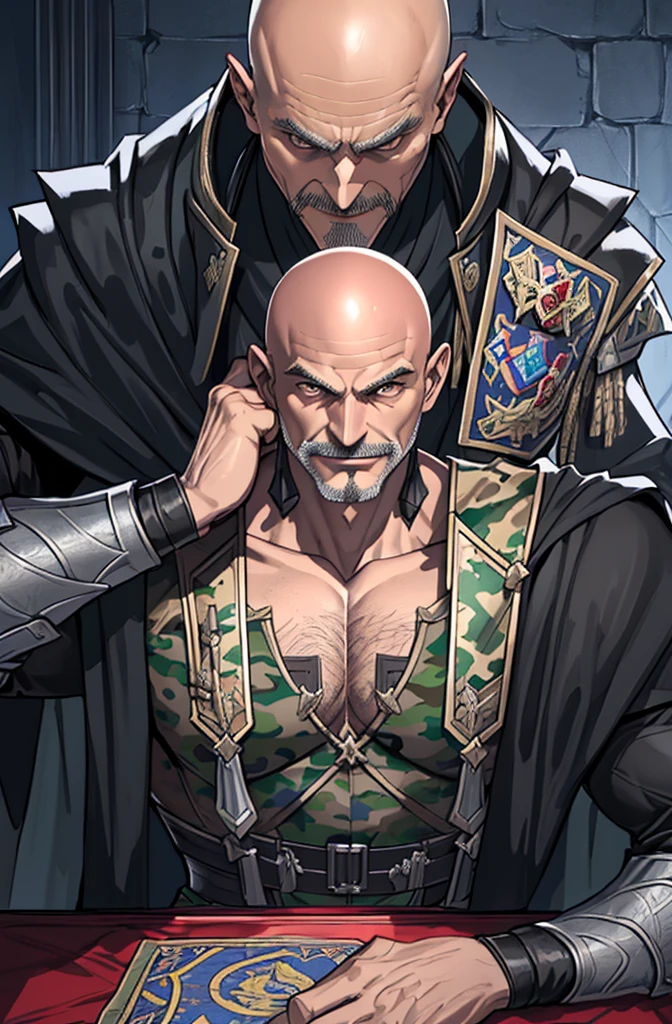 masutepiece, Best Quality, realistic, Highly detailed, epic exquisite character art, A Man, (((Solo))), (muscular guy, Middle Age, 50 years old, Realistic, Juncao, , Bald, shaved hair, Black short mustache), (Paladin Knight of Arab aesthetics, Wearing a military uniform with a camouflage pattern, Patterned fabrics and capes, With the coat of arms of a heron), shadowverse style,Castlevania: Lord of Shadows,Evil Bald Muscular Warrior,Upper body,Evil smile,Camouflage military uniform,old man,furious evil smile,
