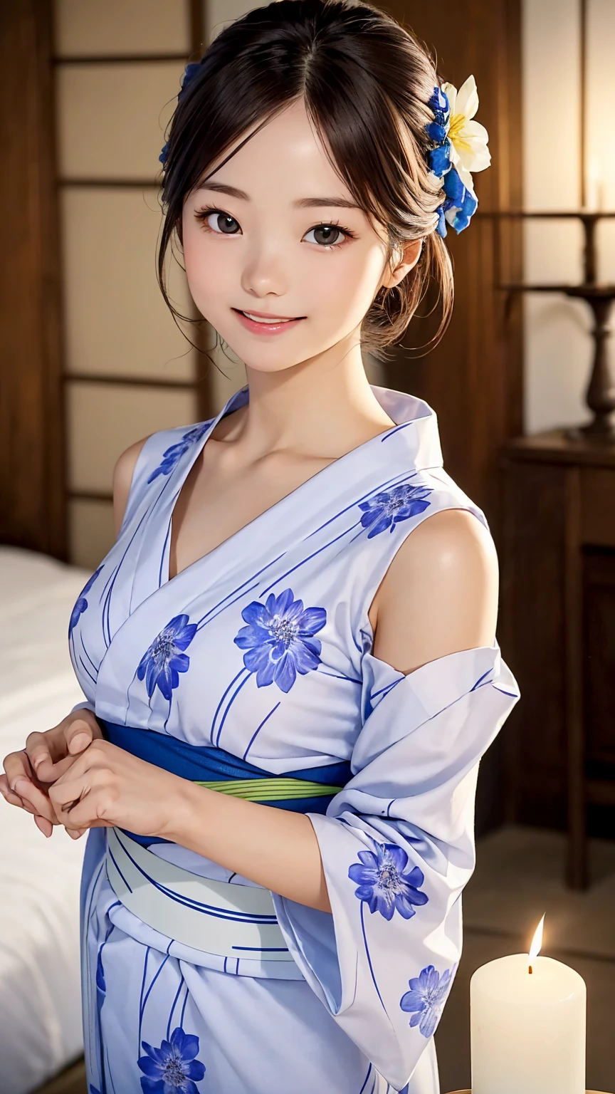 (One girl), Very cute face, Great face and eyes, (Highly detailed eyes, Highly detailed face), Fresh, Very beautiful appearance, (超Realisticな, High resolution), (Highest quality:1.4), RAW Photos, (Realistic, Photorealistic:1.37), Professional photography, (Floral Yukata:1.25), (Surprisingly large:1.1), (Open yukata), (Bare shoulders), Smile a little, (Look at me), Bedroom, Flower Screen, relax, (Bedroomは真っ暗だ:1.6), (The brightness of one candle:1.5), Focus on the girl,