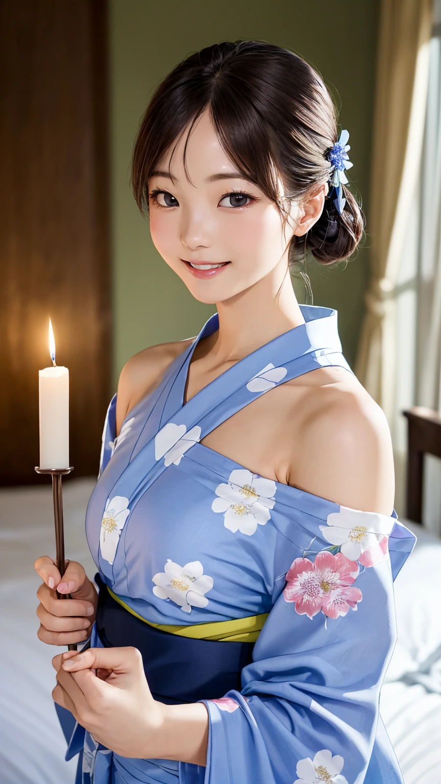 (One girl), , Great face and eyes, (Highly detailed eyes, Highly detailed face), Fresh, Very beautiful appearance, (超Realisticな, High resolution), (Highest quality:1.4), RAW Photos, (Realistic, Photorealistic:1.37), Professional photography, (Floral Yukata:1.25), (Surprisingly large:1.1), (Open yukata), (Bare shoulders), Smile a little, (Look at me), Bedroom, Flower Screen, relax, (Bedroomは真っ暗だ:1.6), (The brightness of one candle:1.5), Focus on the girl,