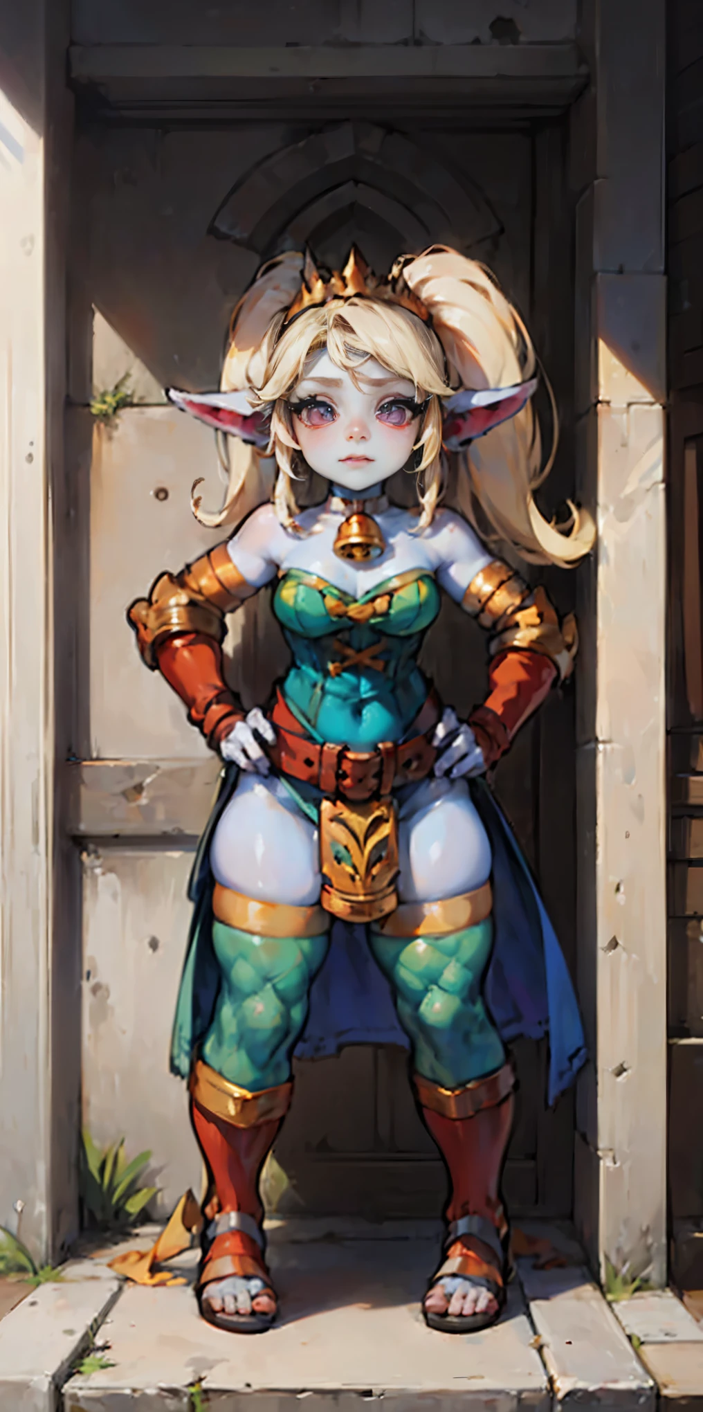 Poppy the keeper blue pale skin full body whole body 1sologirl loincloth standing warrior proud expression, hands on hips, loincloth standing, hands on hips, metal sandals, leather choker with golden bell bellybutton navel, leather corset, big belt, view from below, feet together, bracers, tiara
