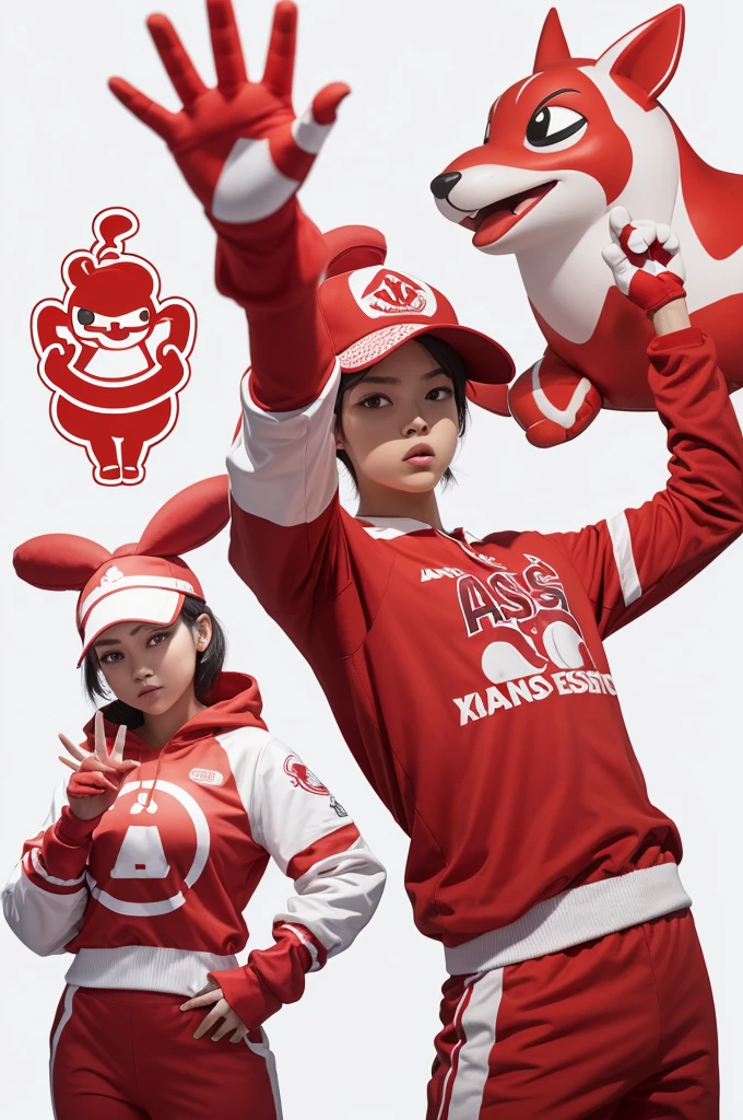 "A gas-shaped mascot, on a white background, wearing red clothes, in several different poses: hand raised, crossed hand and loose hand