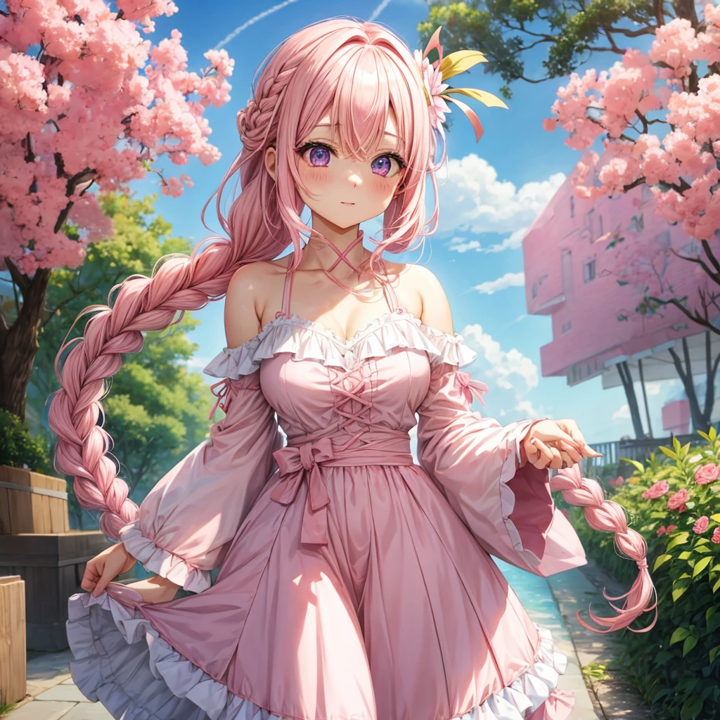 1 sexy girl, Sakura in mr villian day off, hair medium to shoulder, hair pink, with 2 sakura flower on the hair, wearing a cute pink dress, background is filling with a sakura flower and one sakura tree, pose standing wish under the tree, Soft, kawaii, detail,bichu, oil painting, impressionism (art inspired by Bill Sienkiewicz ). oil painting)