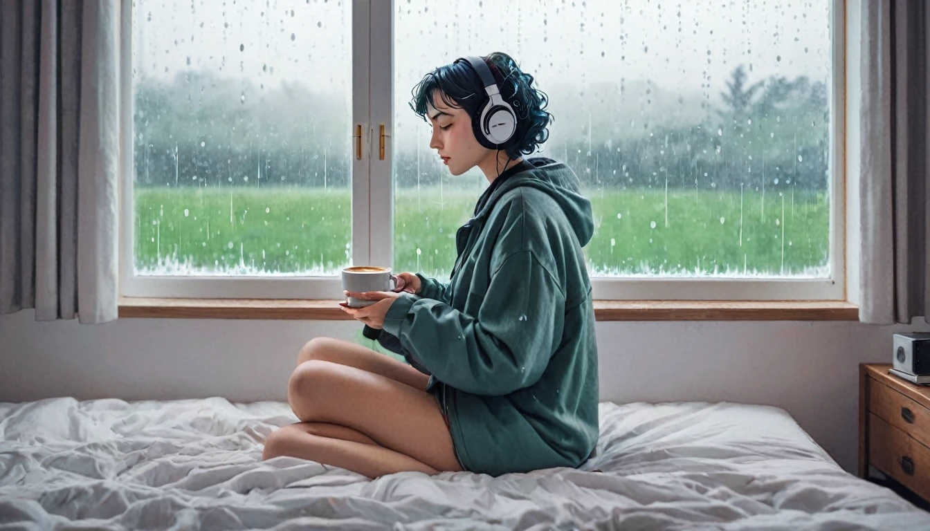 Lofi Song, sitting on the bed. looking at the window, having a coffee. listening to music on headphones, while looking out the window and seeing the rain falling