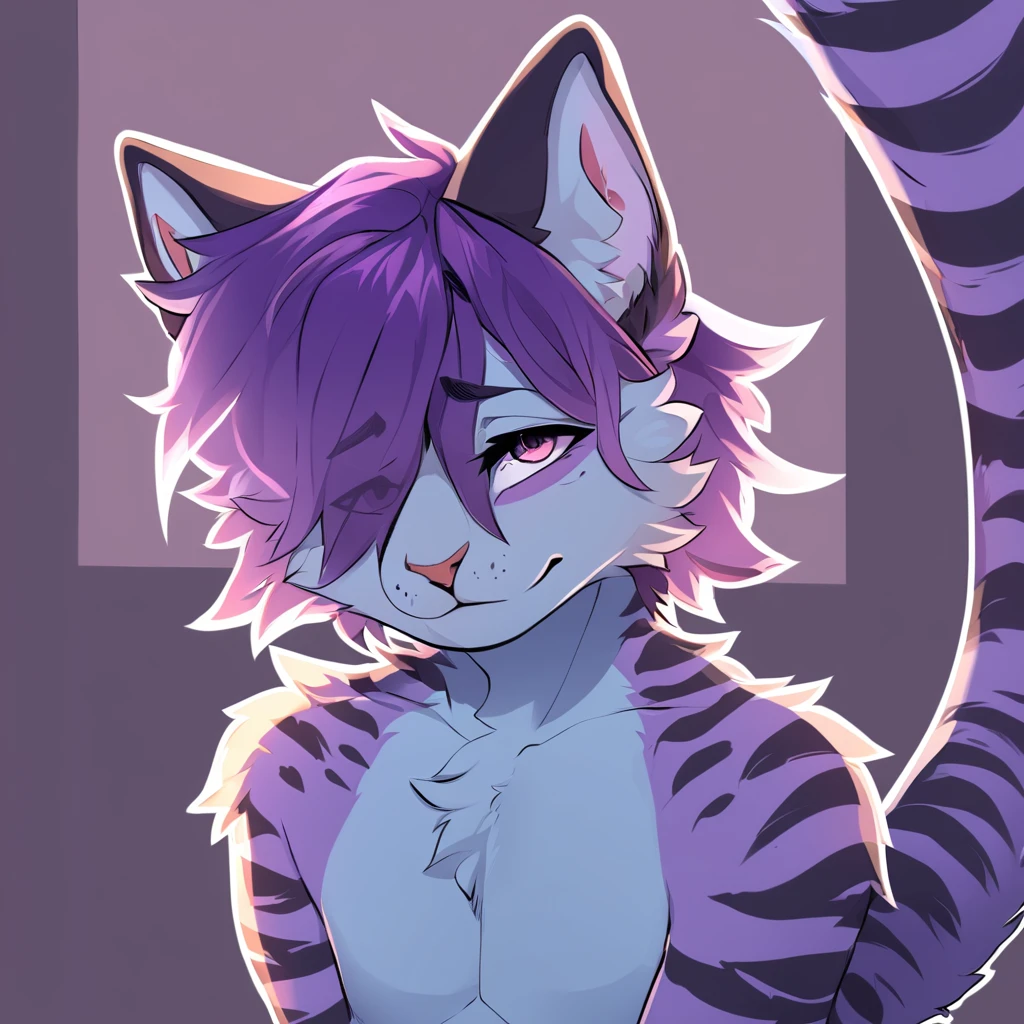 adult, feline, mammal, anthro, anthromorphic, cat, striped, fur, furred_anthro, femboy, male, dark_blue, ear_tufts, paws, hair_tuft, hair_between_eyes, long_tail, fluffy, expressive_eyes, purple_hair, light, looking_at_viewer, light_blue_chest, shy, small_pupils, spotted_pattern, stripes, digital_art, high_resolution, high_res, background shy, head_visible, neck_visible, profile_picture, seductive_face
