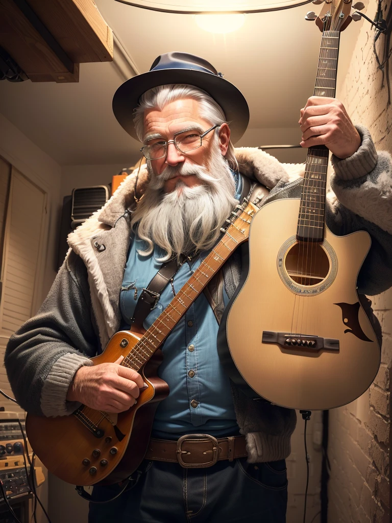 there is a man with a drink in his hand and a guitar behind him, old gigachad with gray beard, in his basement studio, taken in the early 2020s, Peter Deligdish, archmage with hat, por Jakob Gauermann, por Jaakko Mattila, greg rutkovsky, very slightly smiling