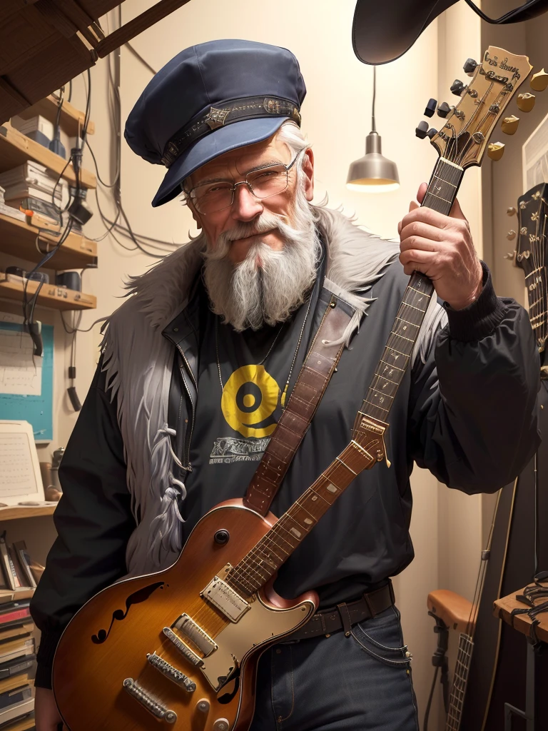 there is a man with a drink in his hand and a guitar behind him, old gigachad with gray beard, in his basement studio, taken in the early 2020s, Peter Deligdish, archmage with hat, por Jakob Gauermann, por Jaakko Mattila, greg rutkovsky, very slightly smiling