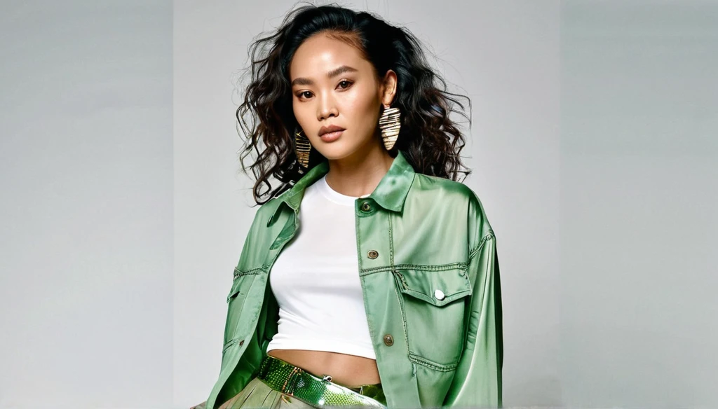 A model, beautiful mixed race Nigerian and Korean woman aged 27years. Wearing a belt made of shiny green silk. Informal messy design. Loosely twisted and wrapped material, makeshift belt. Being worn over white shiny leggings.  White open-toe platform sole shoes. Pale green denim jacket. White transparent t-shirt 