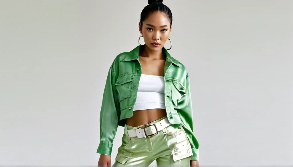 A model, beautiful mixed race Nigerian and Korean woman aged 27years. Wearing a belt made of shiny green silk. Informal messy design. Loosely twisted and wrapped material, makeshift belt. Being worn over white shiny leggings.  White open-toe platform sole shoes. Pale green denim jacket. White transparent t-shirt 