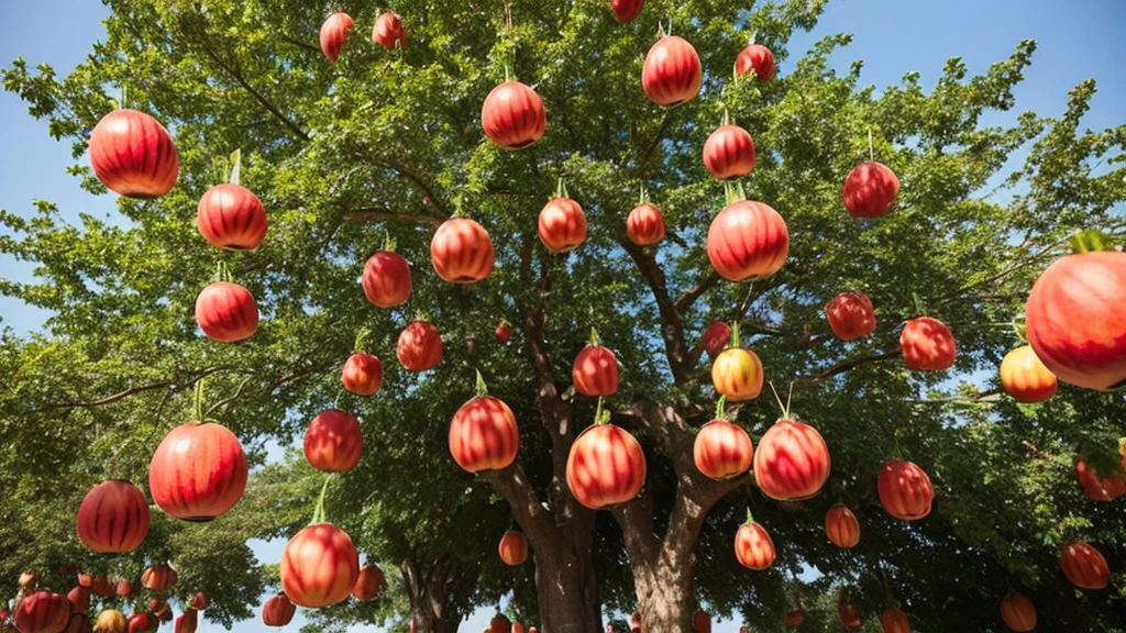 A tree covered with watermelons. Sunny
