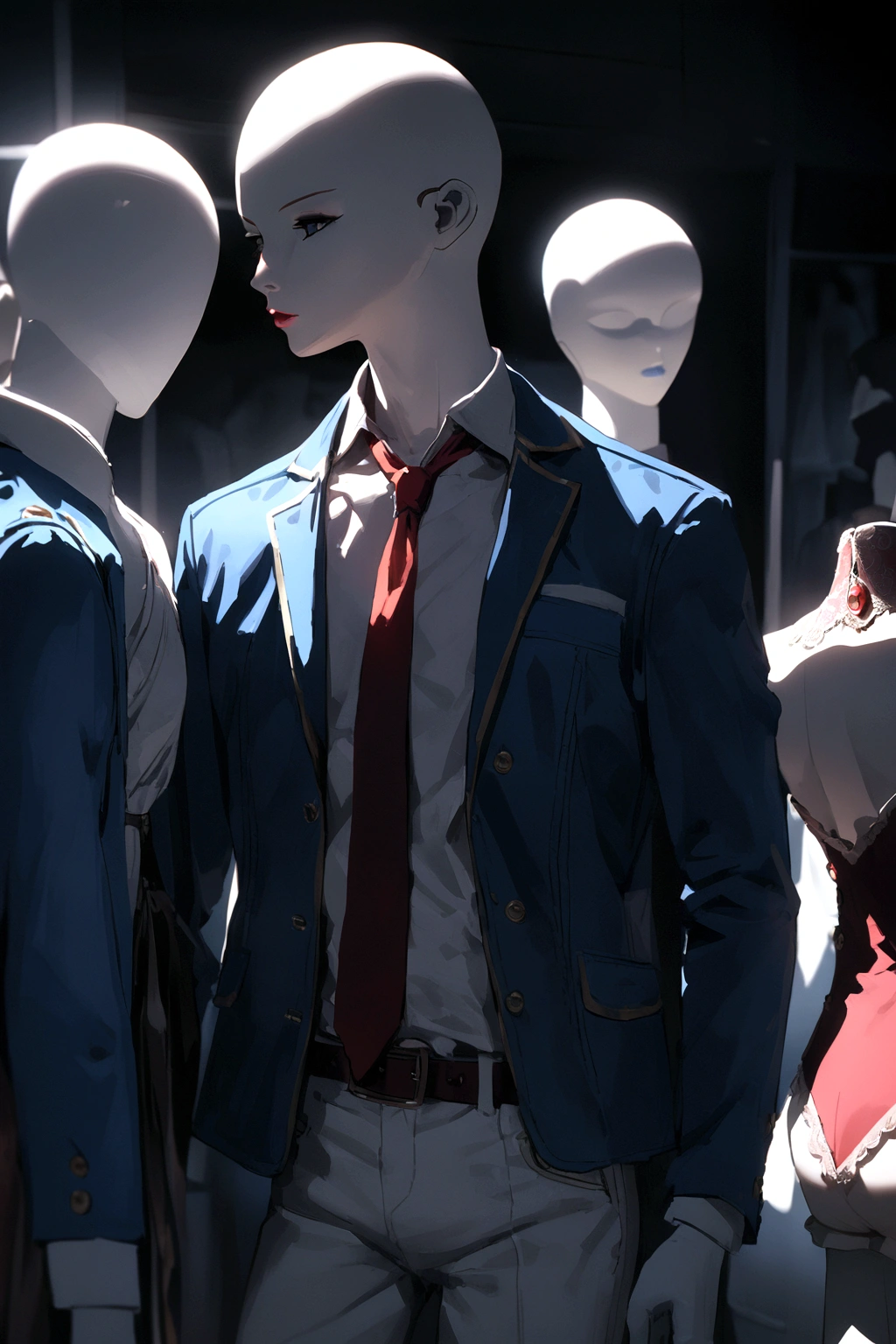 A mannequin wearing  a a blue jacket, white pants ,A cream shirt and a red tie