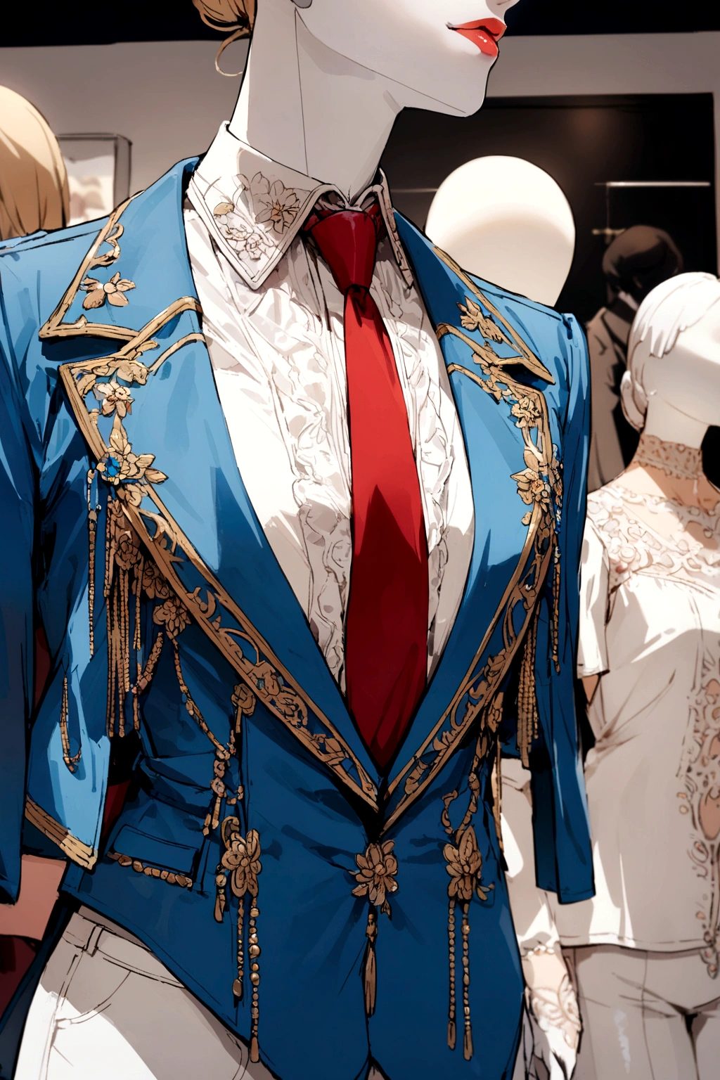 A mannequin wearing a a blue jacket, white pants ,A cream shirt and a red tie