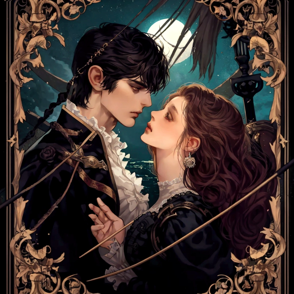 a painting of a man and a woman dressed as pirates, romance novel cover, Edmund Blair e Charlie Bowater, fantasy victorian art, braggart and romantic, Romanticism art style, Gothic romance, charlie bowater and artgeem, no art style by bowater, style of charlie bowater, romantic era painting, romance book cover style