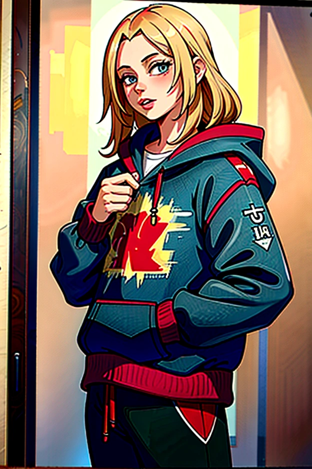 Young male, blue eyes, medium-length blond hair, thin frame, medium height, dressed in oversized hoodie, trackpants, casual streetwear style, standing on an urban street, modern cityscape, soft evening light, relaxed pose, confident expression, detailed clothing texture, slight breeze moving hair, background with city lights, warm tones, youthful vibe, realistic details, high-quality render, smooth textures, dynamic composition, natural shadows, perfect lighting, slight depth of field, focus on subject, vibrant colors
(masterpiece: 2), best quality, ultra highres, original, extremely detailed, perfect lighting