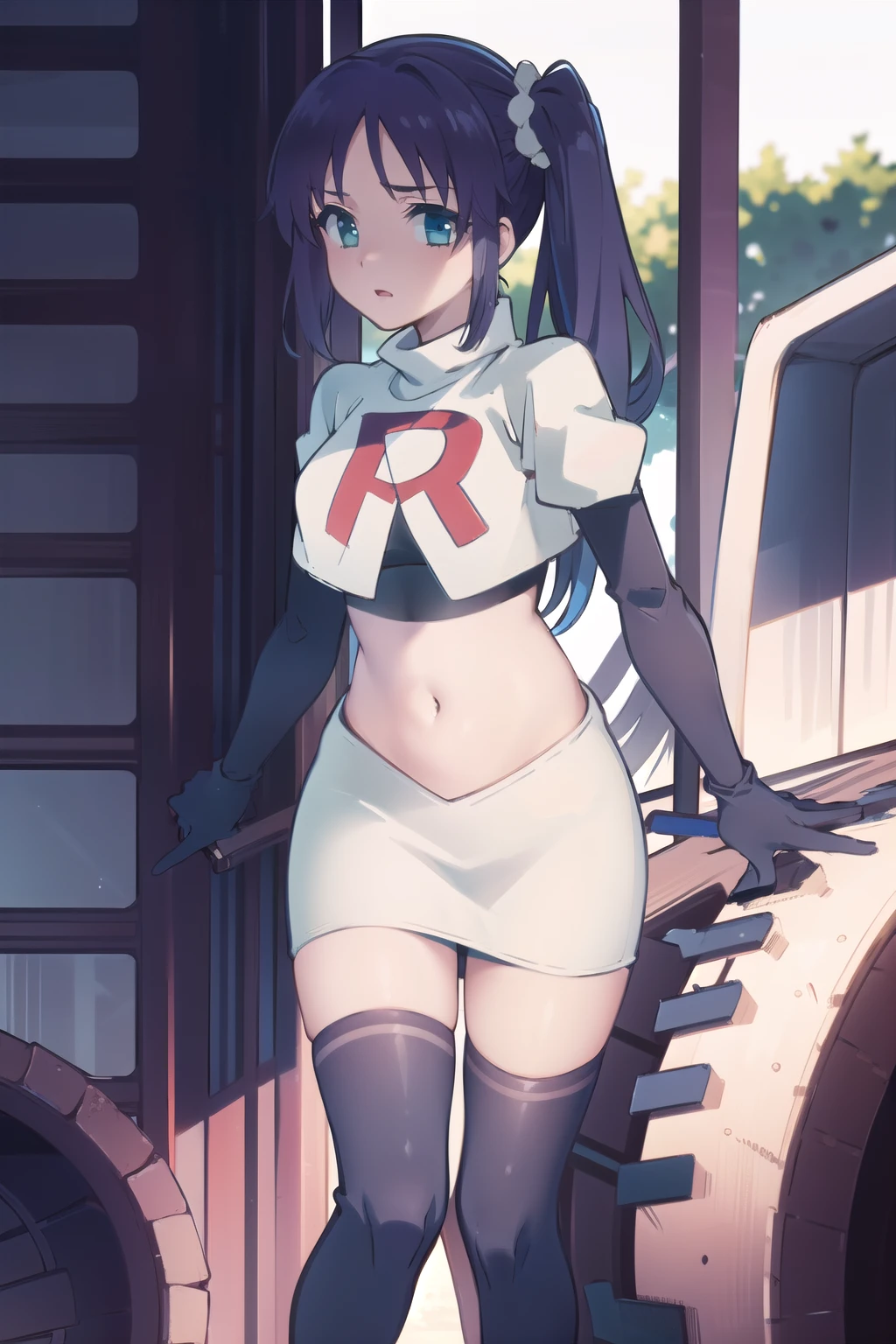 1girl,solo,outdoor,
 aatisaki,blue_hair,blue_eyes,side_ponytail,team rocket,team rocket uniform,white skirt,red letter R,crop top,black thigh-highs,black elbow gloves