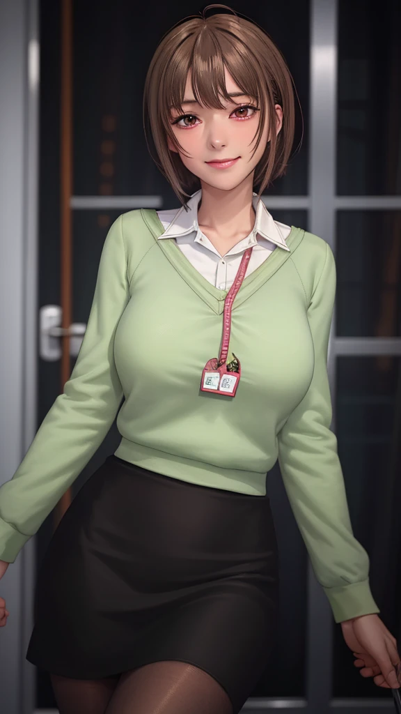 2D, masterpiece, highest quality, anime, highly detailed face, highly detailed eyes, highly detailed background, perfect lighting, whole body, 1 girl, alone, Harusaki Nodoka, collared shirt, Green sweater, black skirt, pantyhose, ID card, embarrassing, smile, Are standing, office 