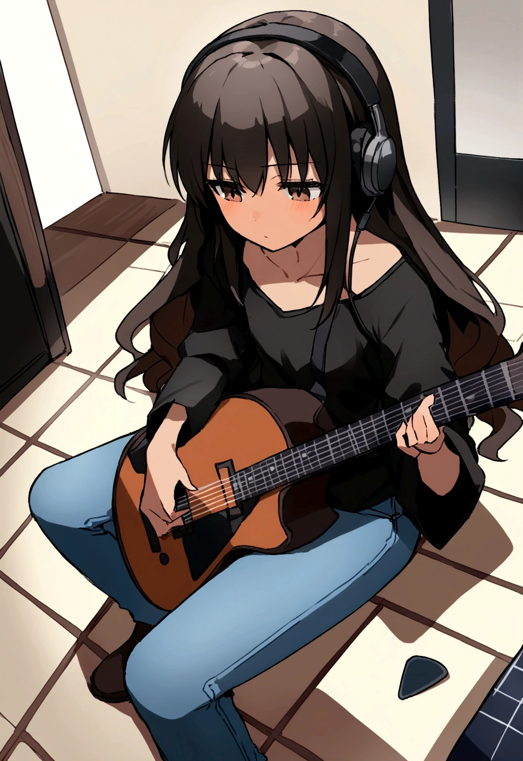 (work of art, maximum quality) 1 girl,13 year old , musical instrument shop, alone , black blouse , brown dark eyes , holding a giaannini guitar ,black headphones, sit down, containment, guitar pick, instrument, long hair, music , jeans, hinterland , com objetos de アニメs, dynamic angle , not a room , Bblack hair , アニメ ,  brown skin, wavy hair  , without bangs ,