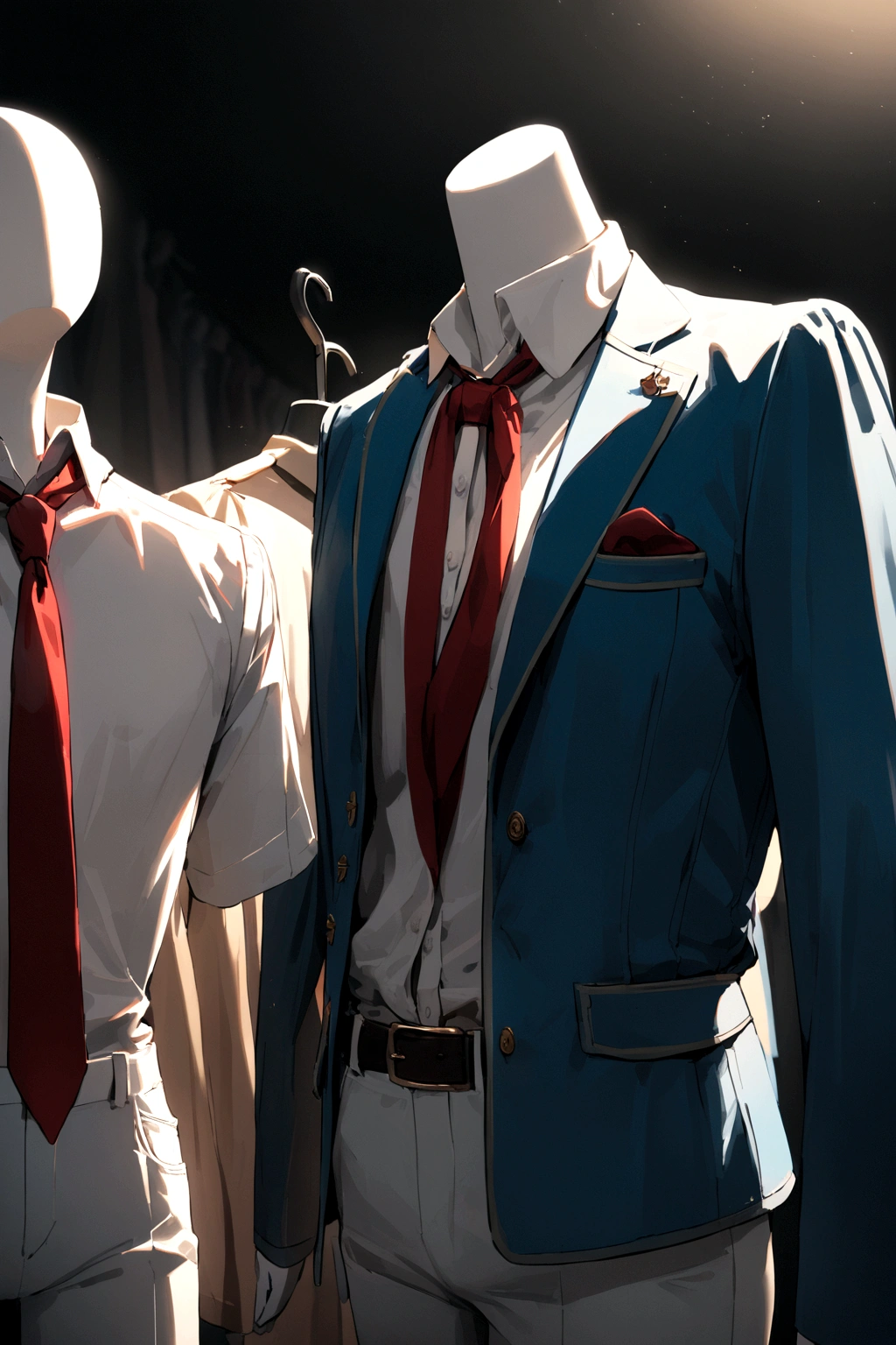 A mannequin wearing  a a blue jacket, white pants ,A cream shirt and a red tie It's a male . 