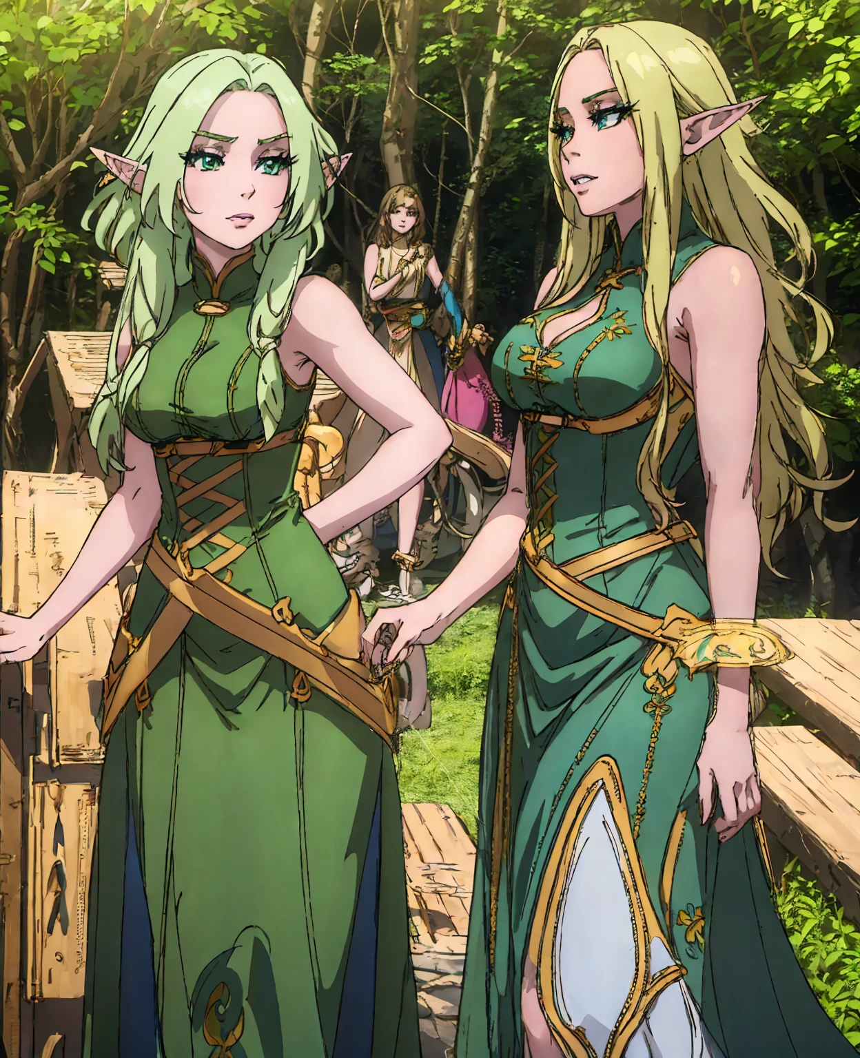 a beautiful female elf with long blonde hair, piercing blue eyes, delicate features, pointed ears, wearing an elegant green dress with intricate floral embroidery, standing in a lush forest setting with sunlight filtering through the trees, detailed facial features, exquisite lighting, cinematic composition, highly detailed, digital art, fantasy, concept art, vibrant colors, photorealistic