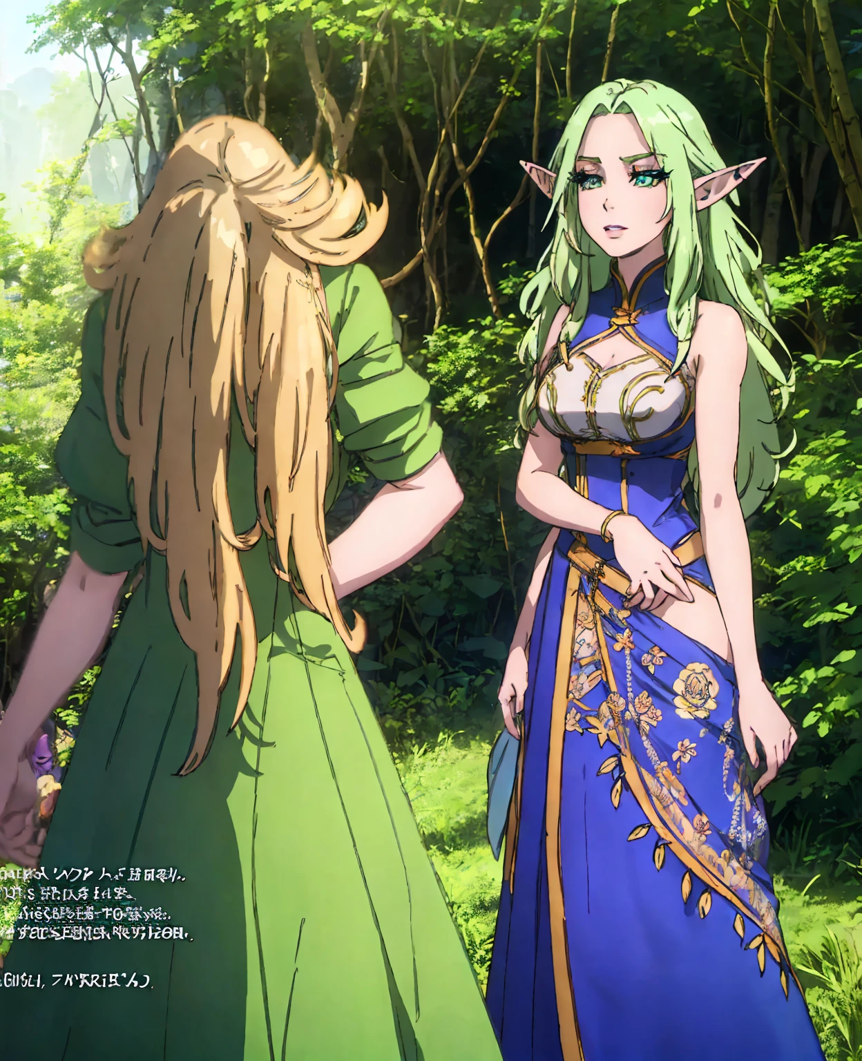 a beautiful female elf with long blonde hair, piercing blue eyes, delicate features, pointed ears, wearing an elegant green dress with intricate floral embroidery, standing in a lush forest setting with sunlight filtering through the trees, detailed facial features, exquisite lighting, cinematic composition, highly detailed, digital art, fantasy, concept art, vibrant colors, photorealistic