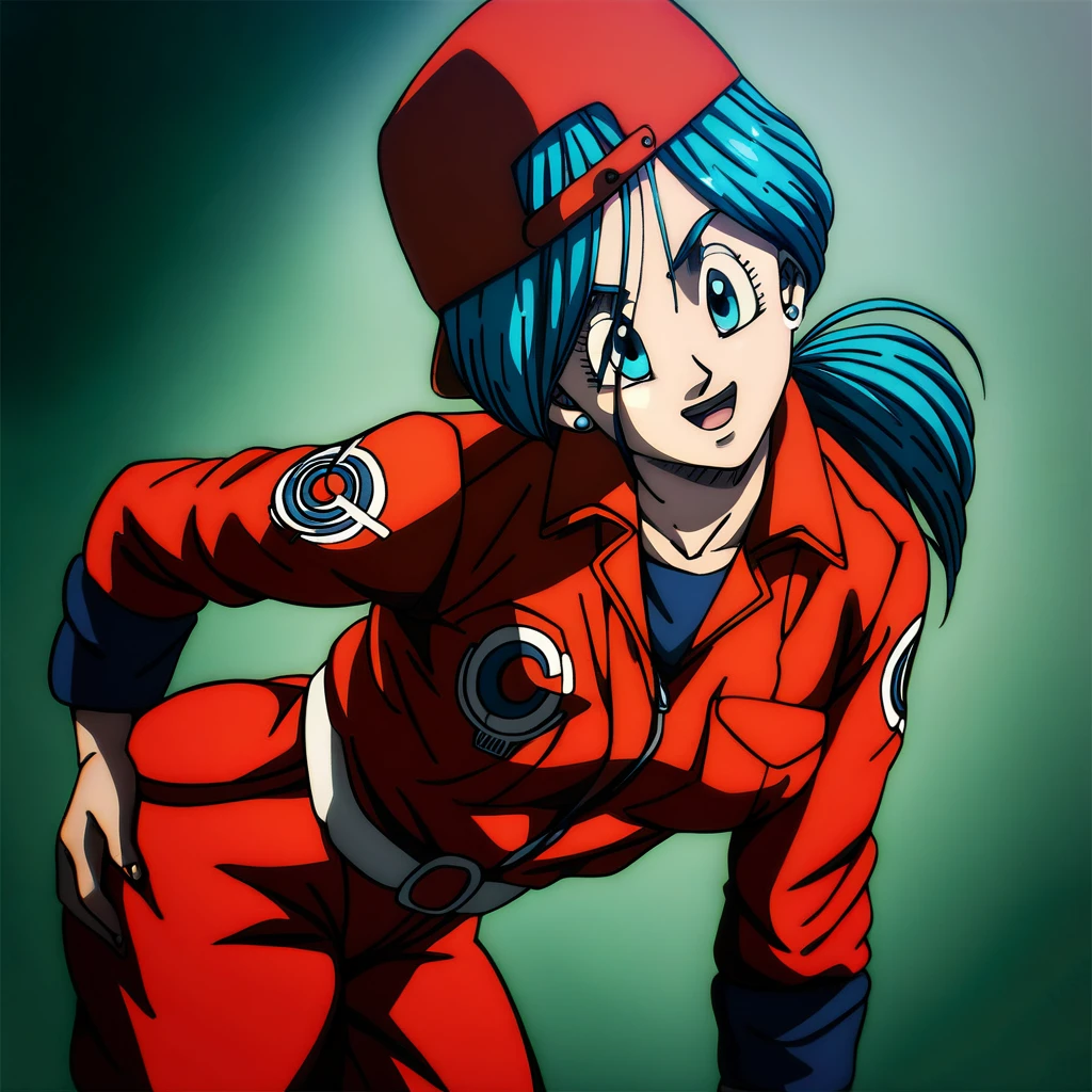 shingeki_no_kyojin_s4_style, portrait, solo,bulma, future, 1girl, solo, breasts, smile, ponytail, low ponytail, open mouth, blue eyes, backwards hat, blue hair, earrings, cowboy shot, belt, hand on own ass, looking at ass, ((red jumpsuit)), leaning forward, from side, print sleeve,