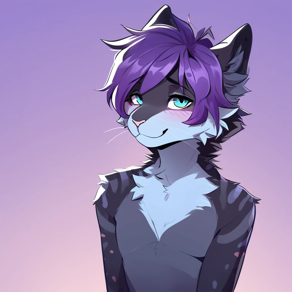 adult, feline, mammal, anthro, anthromorphic, cat, striped, fur, furred_anthro, femboy, male, dark_blue, ear_tufts, paws, hair_tuft, hair_between_eyes, long_tail, fluffy, expressive_eyes, purple_hair, light, looking_at_viewer, light_blue_chest, purple_background, gradient_background, shy, small_pupils, spotted_pattern, stripes, digital_art, high_resolution, high_res, background shy, head_visible, neck_visible, profile_picture, seductive_face