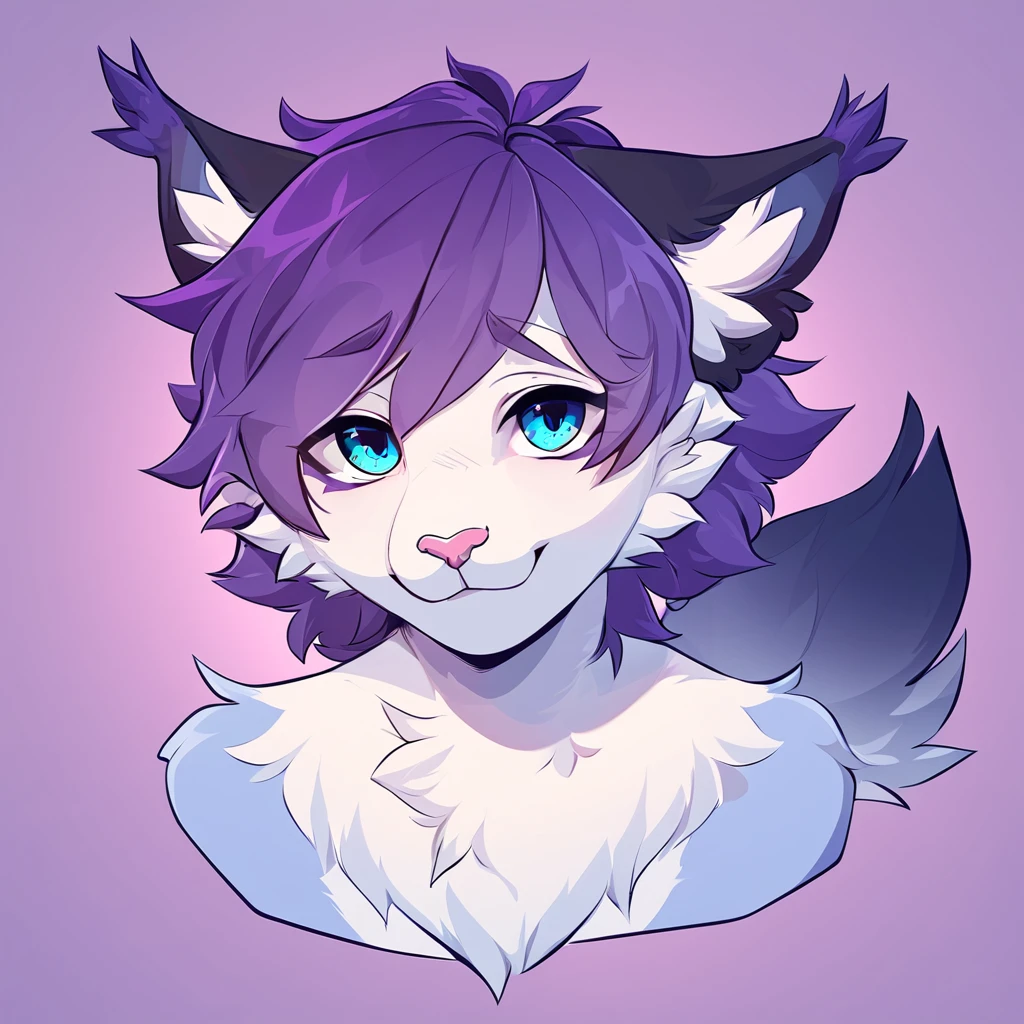 adult, feline, mammal, anthro, anthromorphic, cat, striped, fur, furred_anthro, femboy, male, dark_blue, ear_tufts, paws, hair_tuft, hair_between_eyes, long_tail, fluffy, expressive_eyes, purple_hair, light, looking_at_viewer, light_blue_chest, purple_background, gradient_background, shy, small_pupils, spotted_pattern, stripes, digital_art, high_resolution, high_res, background shy, head_visible, neck_visible, profile_picture, seductive_face