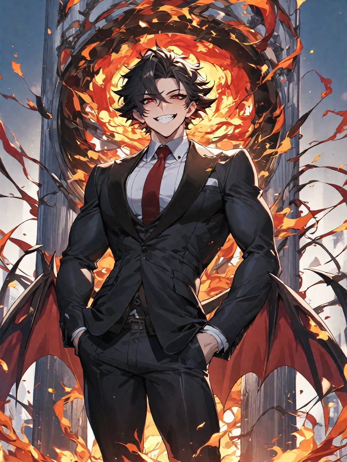 Best quality, one, beautiful, 1 man, 24 years, Tall and athletic physique, V-shaped body, in a detailed black British suit, crazy wild and toothy smile, huge bat wings, sharp ears, short black hair, model hair, black sclera and blood red eye iris, a circle of fire around it, against the background of a pillar of flame and full of fire and covered with lights, fiery threads