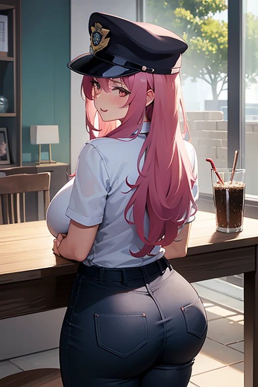 Chia Anime, police, seen from behind, big huge ass, pantalones de police apretados, polera de police apretada, huge tits, tetas afuera de polera de police, pink fur, looking back, tongue out, hands resting on table, chair next to everything, standing, blushing.