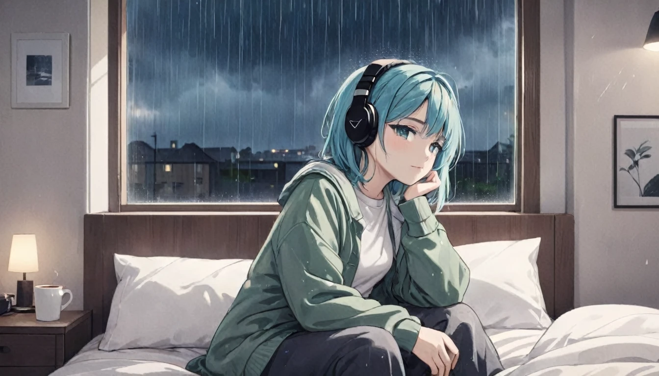 Lofi Song, sitting on the bed. looking at the window, having a coffee. listening to music on headphones, while looking out the window and seeing the rain falling