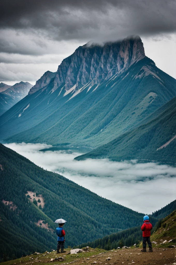 Rainy day.. Far small mountains. A boy standing with unique umbralla. Seeing tge mountains