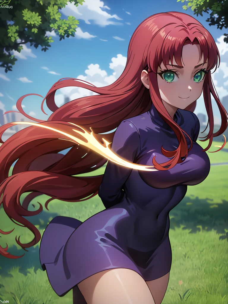 masterpiece)), best quality, ultra detailed, looking at viewer, intricate details, rich colors, sharp focus, volumetric lighting, dramatic atmosphere, nabiki tendo, brown eyes, nabiki, looking at viewer, 8k, 4k,light particles, highly detailed, detailed eyes, solo, looking at the viewer, high quality, Teen Titans, redhead, green eyes, arms behind back, big tits, SMILE, blue sky, grassy plains,